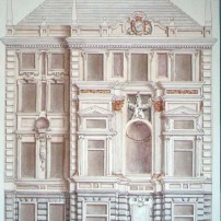 Mauro Nicora. Penna, inchiostro e acquarello su carta. Bozzetto della facciata Nord di Palazzo S. Giorgio.