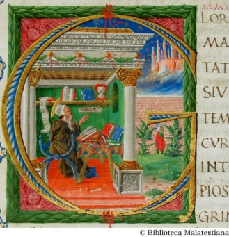 ms. D.IX.1, AUGUSTINUS AURELIUS [SANTO], De civitate Dei Fano, 1450. - Miniature: Maestro del De civitate Dei, [anonimo maestro ferrarese]. (Sant'Agostino nello studio), c. 15r.