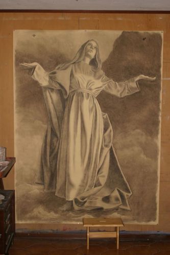 Mauro Nicora - Madonna dell'Assunzione cartone preparatorio a carboncino per la realizzazione di un dipinto all'interno di una chiesa, come tradizione insegna.
