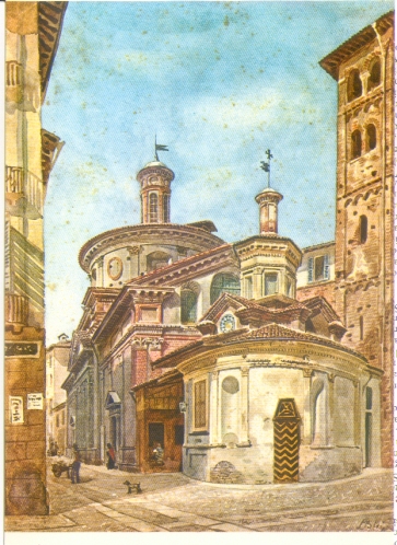Chiesa di Santa Maria presso San Satiro dipinta ad acquarello da Luigi Bisi (seconda metà XIX sec)